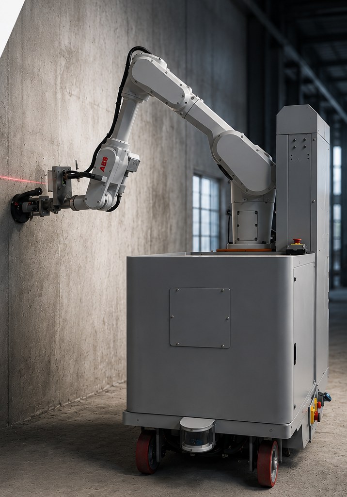 Q-Mason robot finishing a concrete wall on site